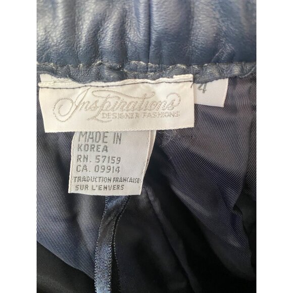 Vintage 80s Navy Blue Leather High Waist Pleated Tapered Pants Korea Sz 4 - Picture 3 of 15